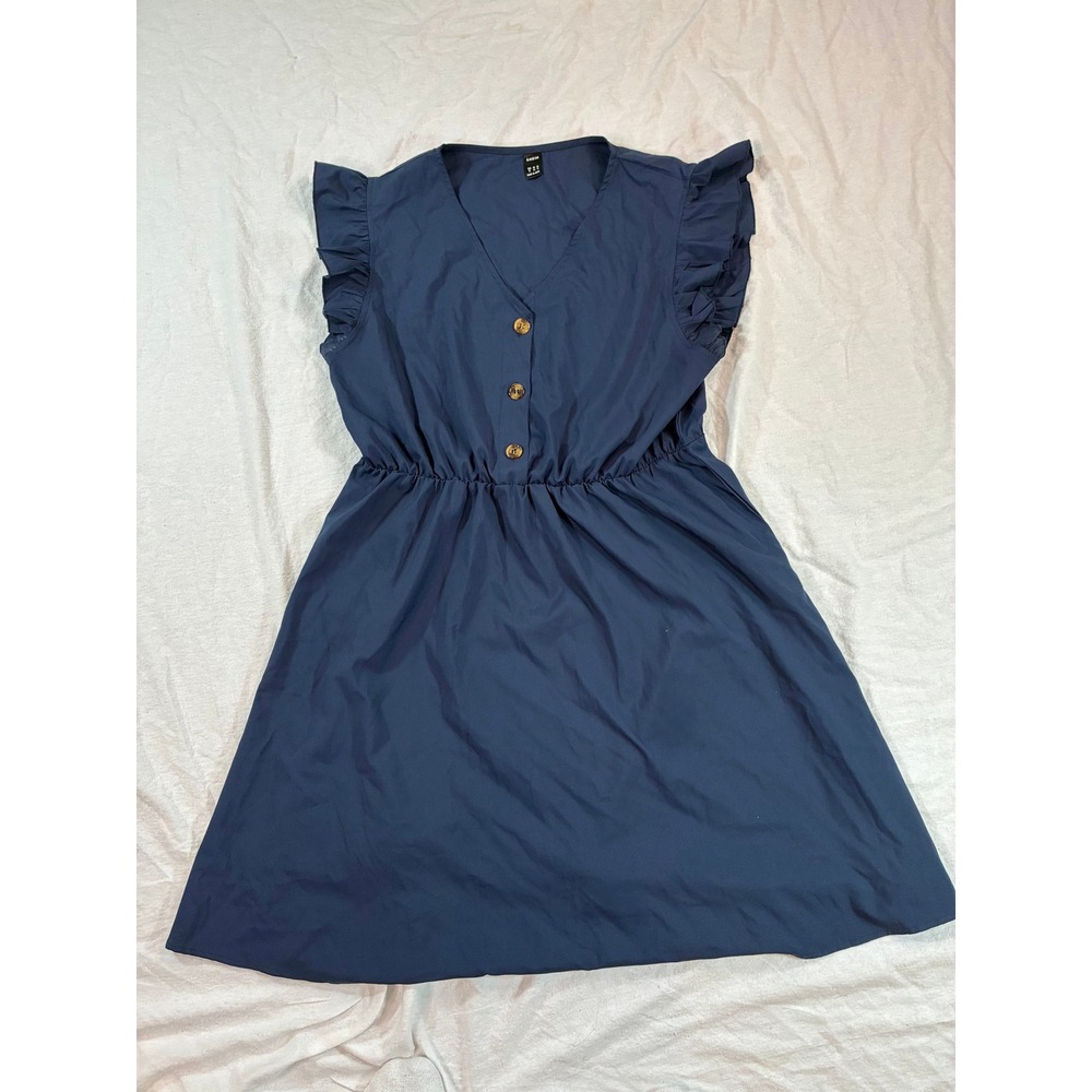 Shein Women's XL Mini Dress Navy Blue Ruffle Sleeve Elastic Waist V-Neck D44